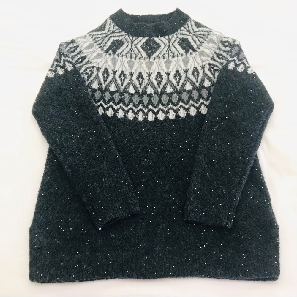 Soft Surroundings Fair Isle Sequin Knit Pullover Tunic Sweater Women Size M Gray